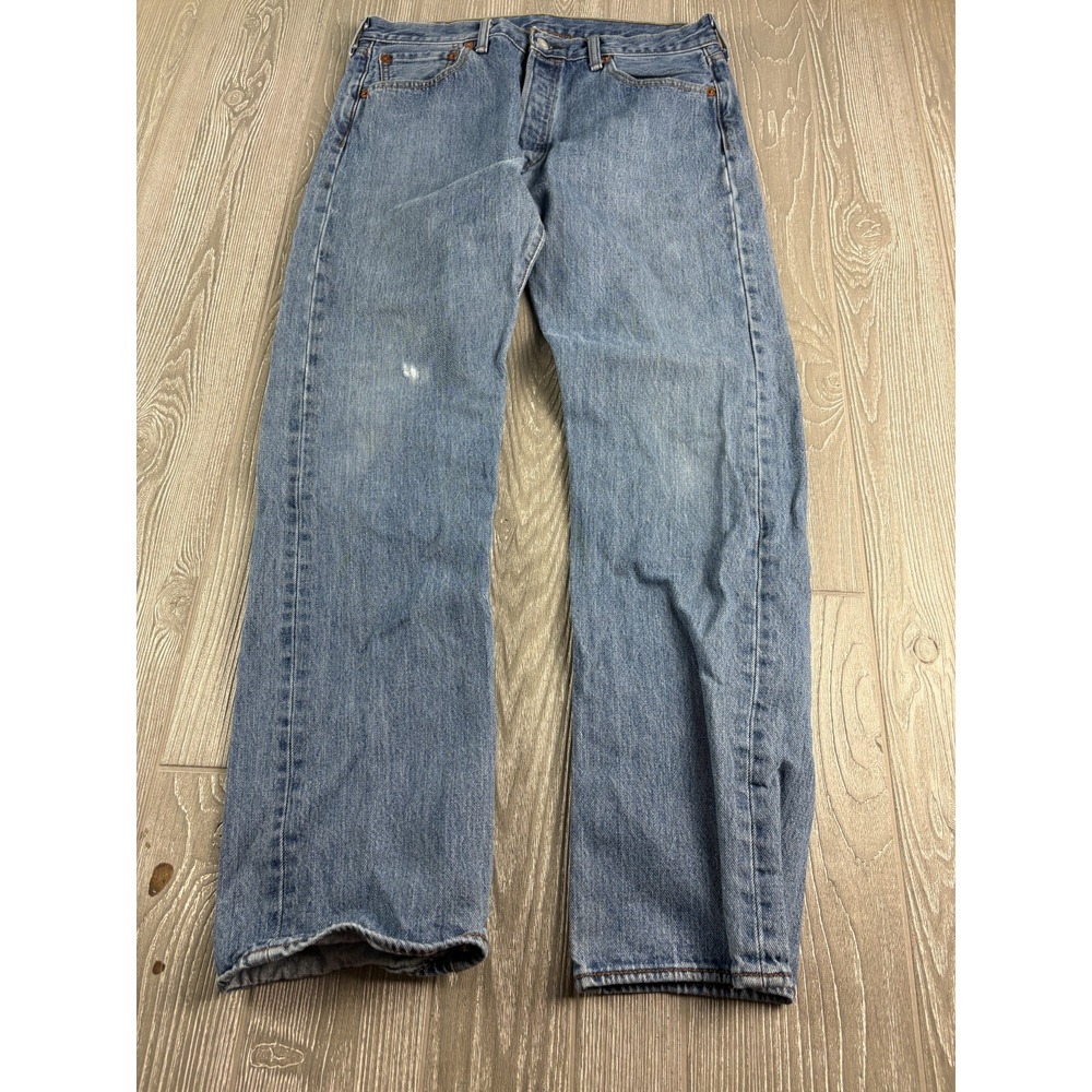 Levis 501 Denim Jeans Straight Mens Size 34 Inseam 30 Blue Cotton Distressed